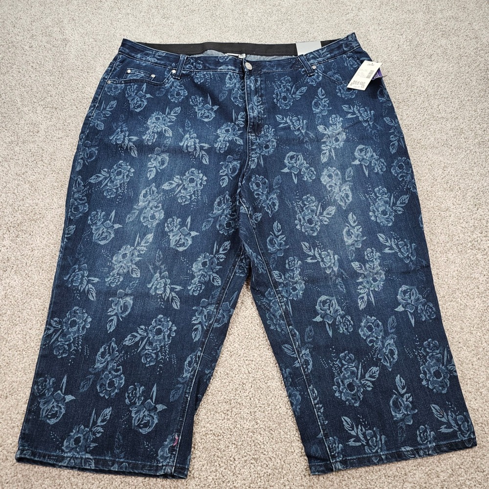 New Catherines Womens 26W Floral Denim Capri Jeans Stretch Comfort Waist